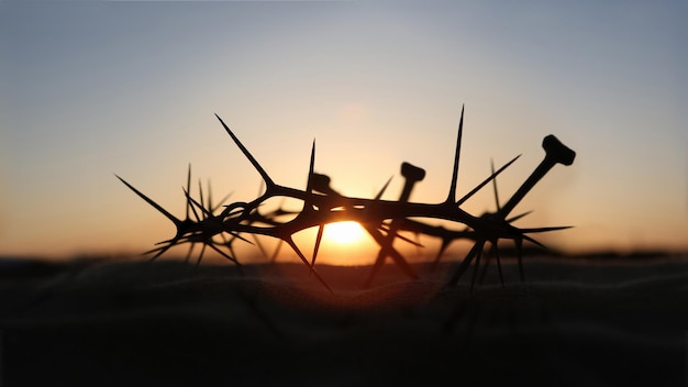 Krzyż symbolizujący cierpienie Jezusa Chrystusa, koronę cierniową, gwoździe i czerwone słońce