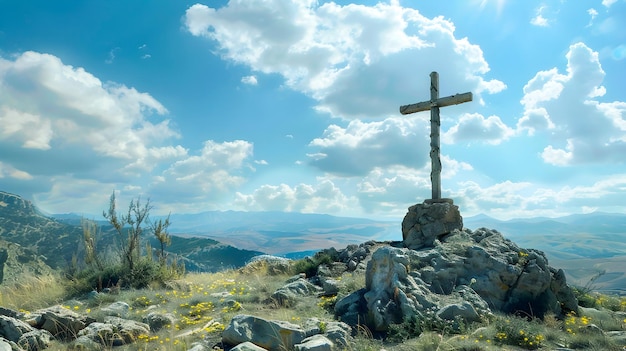 Zdjęcie krzyż w górach - symbol duchowości w krajobrazie greckim