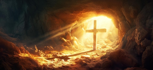 krzyż w odosobnionej jaskini ze światłem słonecznym wpadającym przez szczelinę