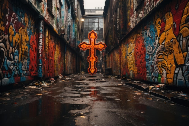 Krzyż wiary w żywej miejskiej ścianie generatywnej IA
