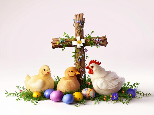 Zdjęcie krzyż wielkanocny z kurczakami, jajkami i kwiatami na białym tle