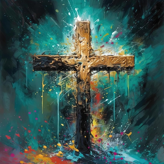 krzyż z poplamioną farbą na wierzchu w stylu ciemnego złota i błękitu