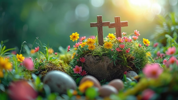 Krzyże w ogrodzie zmartwychwstania Chrześcijański krzyż i kwiaty na zielonym tle