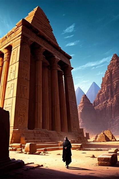 ksiądz mumia wzywający klątwę przed zrujnowaną egipską świątynią z posągami w tle