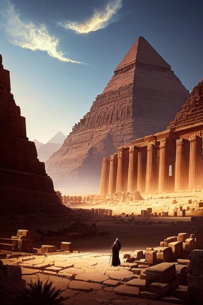 ksiądz mumia wzywający klątwę przed zrujnowaną egipską świątynią z posągami w tle
