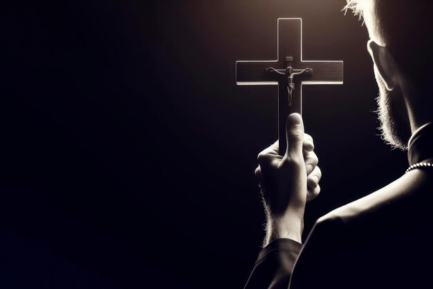 Ksiądz trzyma krzyż blisko na czarnym tle ai generatywny