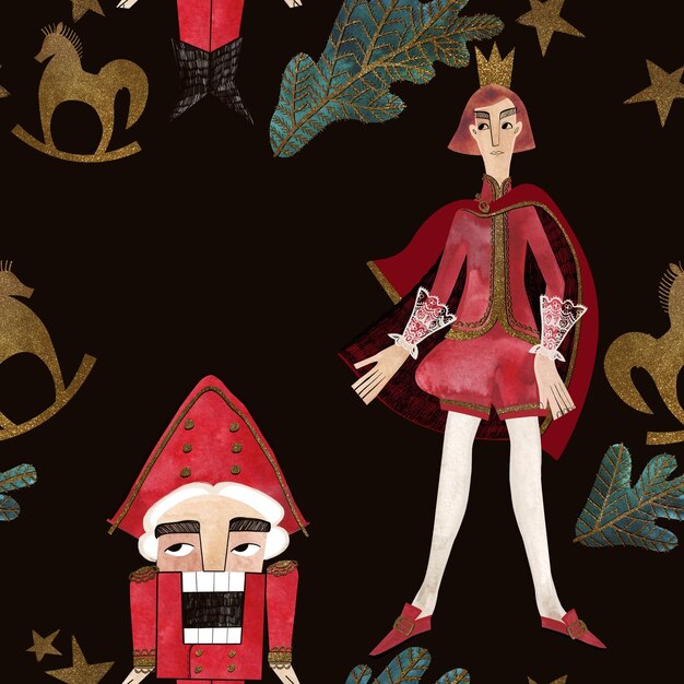 Książę Nutcracker i gałęzie jęczmienia Bezszwowy wzór akwarelowy na papier opakowaniowy na Nowy Rok i Boże Narodzenie Prezenty w stylu vintage dla dzieci pod choinką
