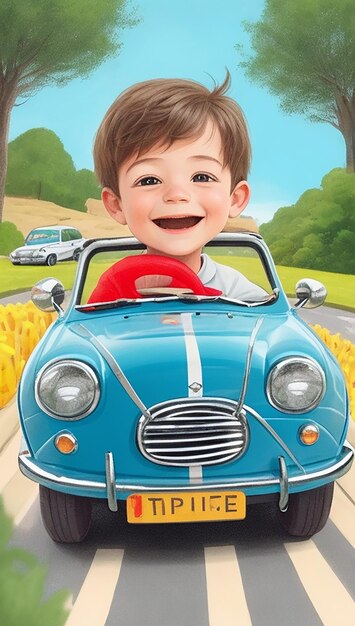 Książeczka dla dzieci przedstawiająca uśmiechnięte dziecko prowadzące minisamochód
