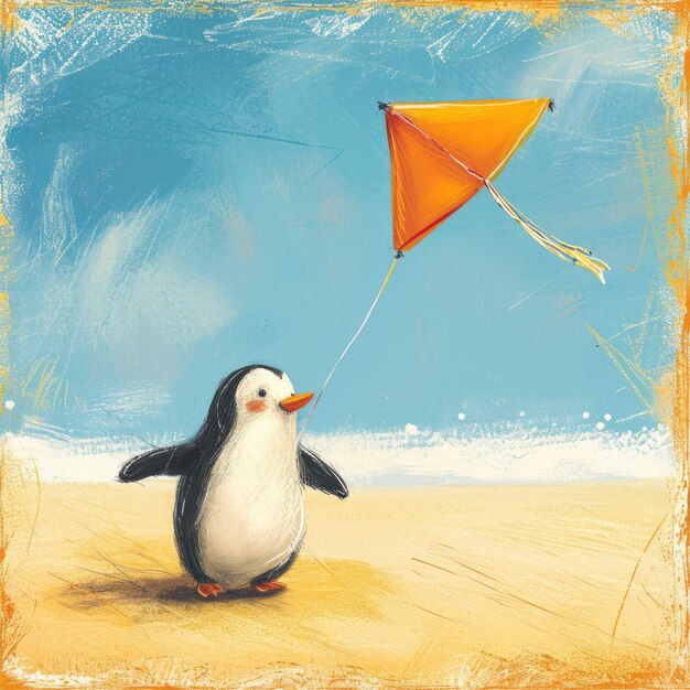 Książka dla dzieci ilustracja pingwina latającego latawcem ołówek cyfrowy styl v 6 Job ID 2d02b62e7d78479faf1ccdc536fd8c41