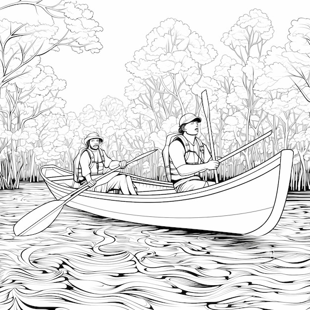 Książka do malowania dla dorosłych Dwie osoby wiosłują łódź w stylu kreskówek