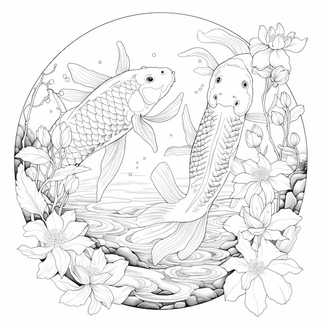 Książka do malowania dla dorosłych z kreskówkowymi rybami Koi
