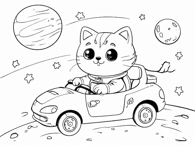 Zdjęcie książka do malowania dla dzieci kot jeżdżący samochodem sportowym