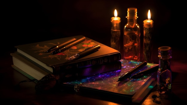 Książka i długopis na stole z zapaloną świecą