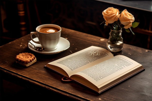 książka i filiżanka kawy na stole z książką na nim