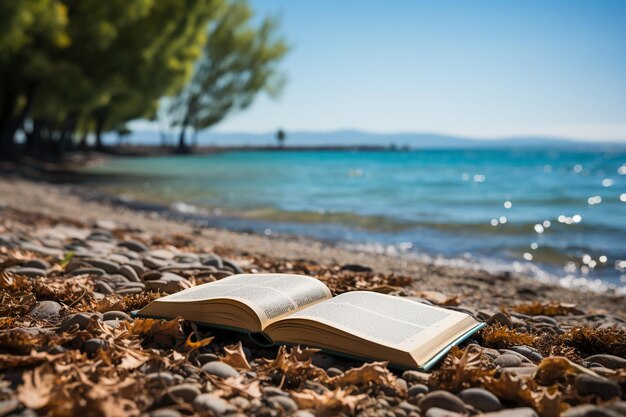 Zdjęcie książka na plaży z morzem na tle ai generatywny