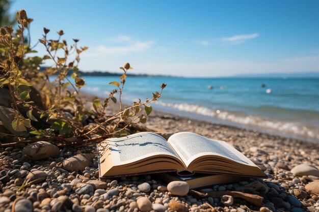 Książka na plaży z morzem na tle AI generatywny