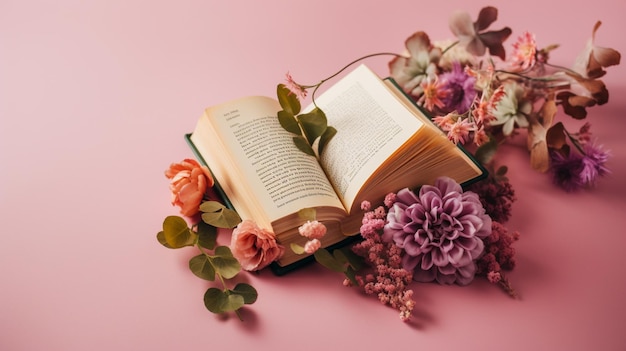Książka na różowym tle z kwiatami i książka na nim