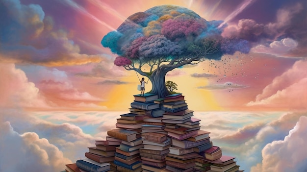 Książka na stosie książek z drzewem na szczycie.