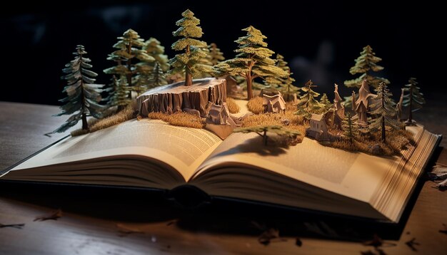 Książka opowieści otwarta z obrazem opowieści na szczycie książki w 3D