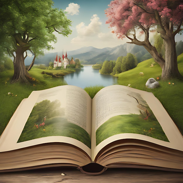Zdjęcie książka otwarta na stronie z obrazem rzeki i drzew