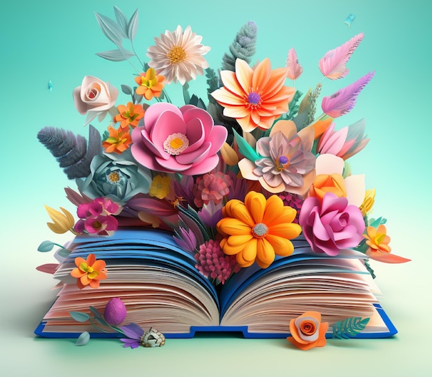 Zdjęcie książka z bukietem kwiatów na szczycie generatywny ai 3d kolorowe kwiaty książka realistyczna
