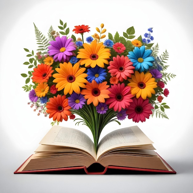 Zdjęcie książka z bukietem kwiatów.