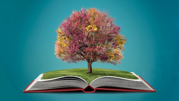 książka z drzewem na stronach i książka otwarta na stronę