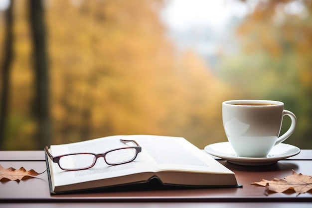 Książka z kubkiem do kawy w pobliżu okna jesienią Generatywna sztuczna inteligencja