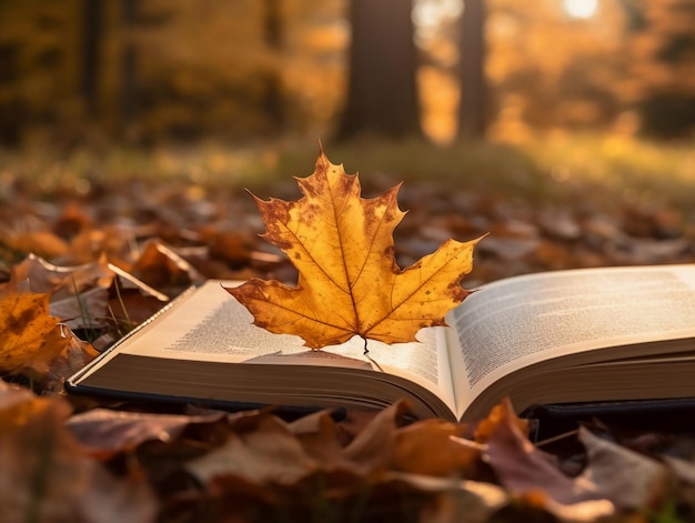 Książka z liściem leży na ziemi w lesie.
