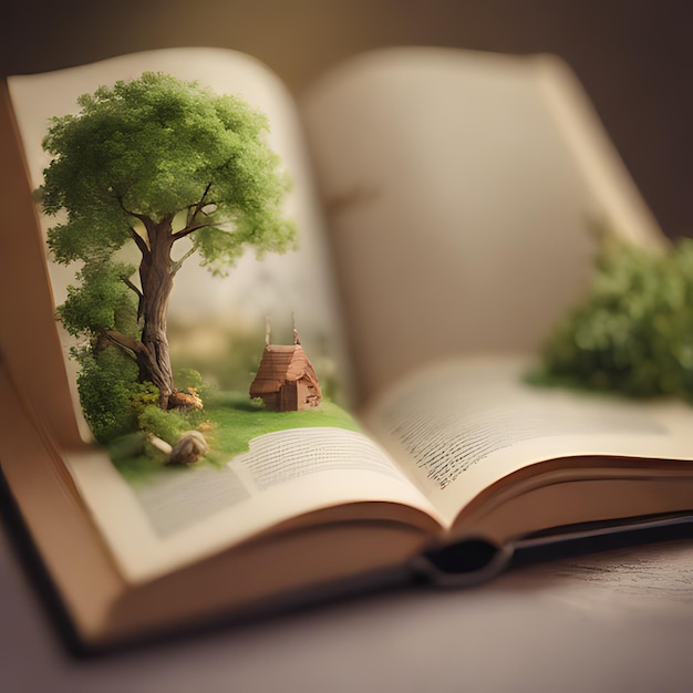 Zdjęcie książka z obrazem drzewa i domu na okładce