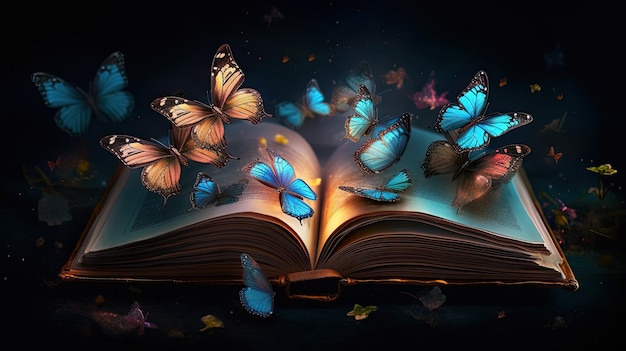Książka z pięknymi, lekkimi motylami wychodzącymi z niej Czarne tło Generatywna sztuczna inteligencja