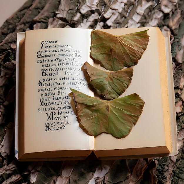 Zdjęcie książka z stronami z liści i okładką