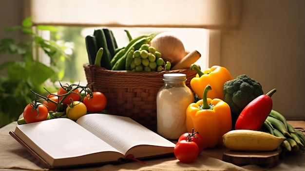 Książka z warzywami obok książki z napisem „słowo”