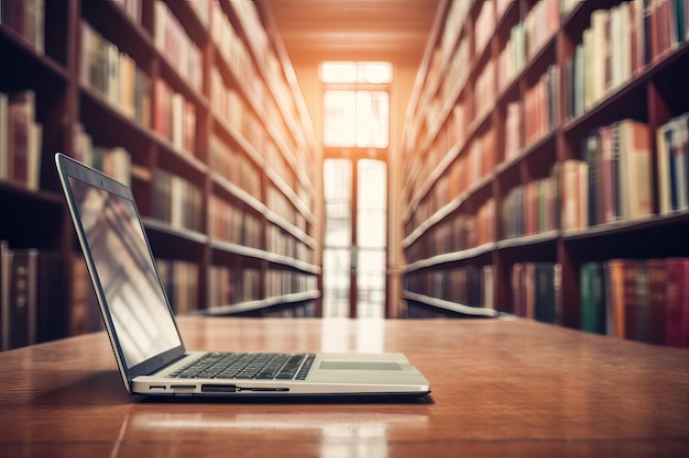 Książki i laptop w bibliotece Dzień nauczyciela Koncepcja edukacji e-learning