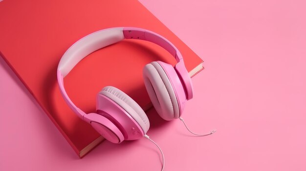 Książki i nowoczesne słuchawki na kolorowym tle Koncepcja audiobooka Generative Ai