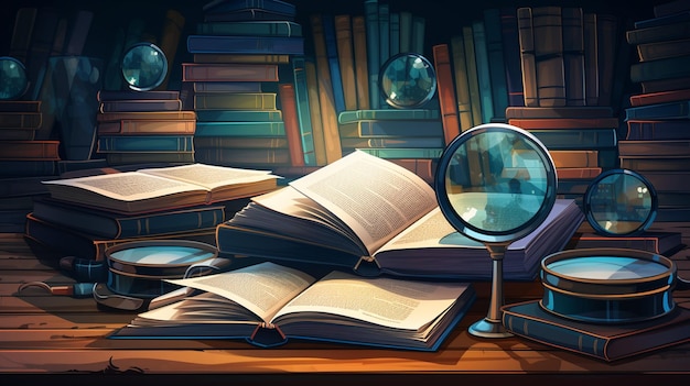 Książki i szkło powiększające na drewnianym stole Ilustracja wektorowa Generuj sztuczną inteligencję