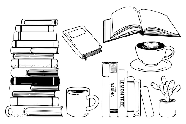 Książki png doodle naklejka czarno-biała ilustracja z przejrzystym tłem
