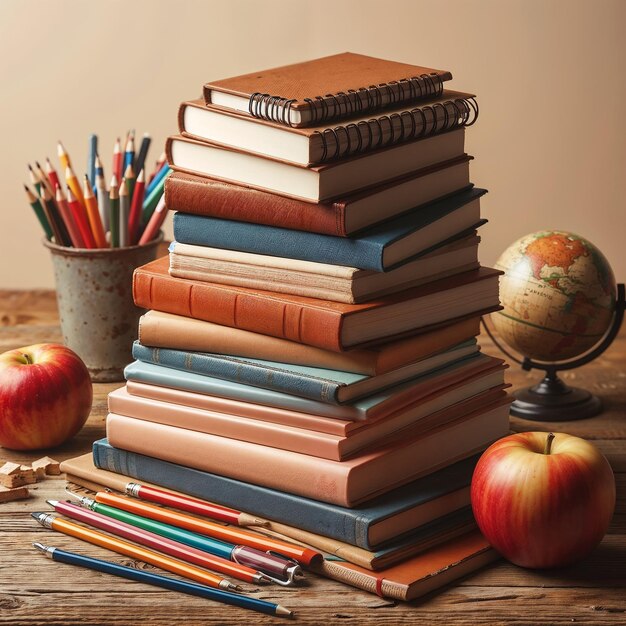 Zdjęcie książki szkolne, ołówki, jabłka i kulę ziemską wygenerowane przez sztuczną inteligencję