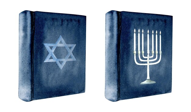 Książki Tory z menorą i symbolem srebrnej gwiazdy Dawida na okładce akwareli ilustracji