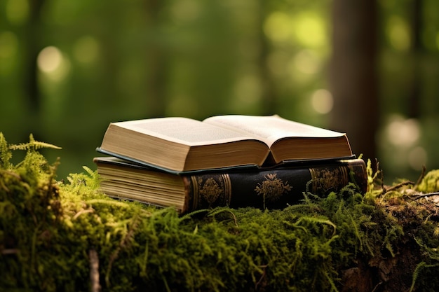 Książki ze starymi papierowymi stronami rozłożonymi na mchu wśród drzew leśnych w tle podkreślają koncentrację