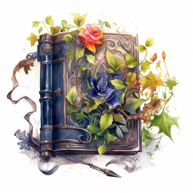 Księga z kwiatkiem w środku i mieczem pośrodku.