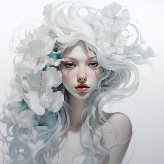 księżniczka o białych włosach z kwiatami