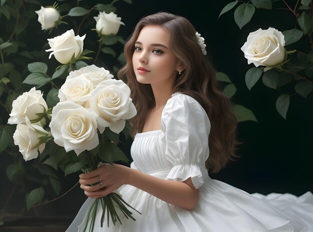 Księżniczka w białej sukience z kwiatami.