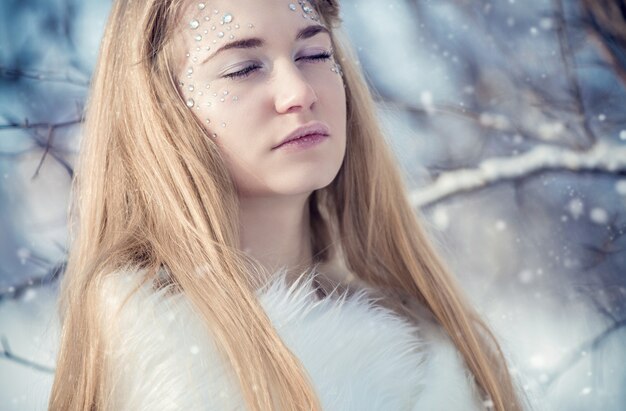 Zdjęcie księżniczka w śniegu na zimowy krajobraz