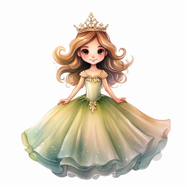 Księżniczka z kreskówek w zielonej sukience z tiable i złotą koroną generatywną ai