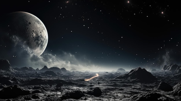 Księżyc i Ziemia Księżyc z kraterami w głębokiej czarnej przestrzeni Moonwalk Earth w nocy