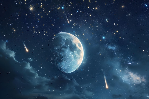 Księżyc na nocnym niebie i deszcz meteorów Wróżkowe obrazy romantyczne piękno Generatywna sztuczna inteligencja