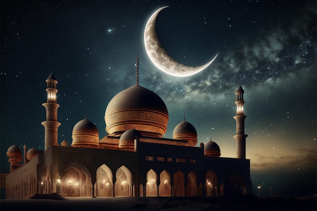 Księżyc w kształcie półksiężyca i meczet przed nocnym pochmurnym i gwiaździstym niebem ramadan święty miesiąc muzułmanów