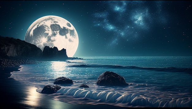 Księżyc w pełni i świecące gwiazdy oświetlają nocny krajobraz oceanu