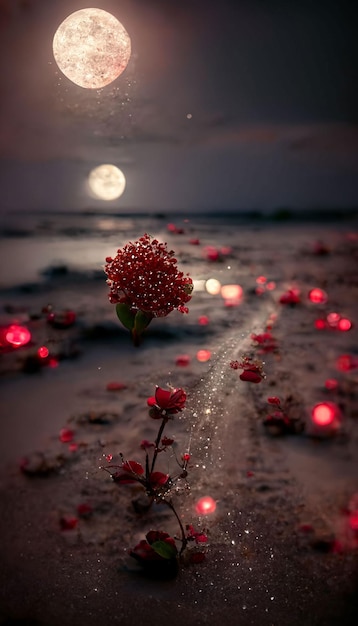 Księżyc w pełni jest widoczny za czerwonym kwiatem ze słowem „stop” w prawym dolnym rogu.